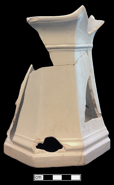 White granite panelled octagonal jug and handle. Vessel height: 7.50”, from 18BC27, Feature 30.